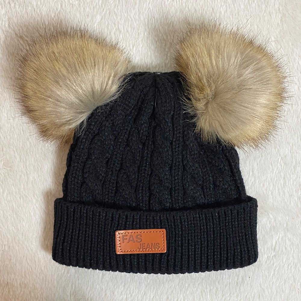 Black Cable Knit Hat with Faux Fur Pom Poms EUC